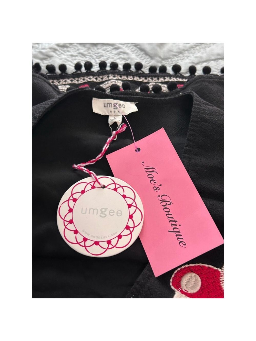 Umgee Black Multicolor Embroidered Mini Skirt Birds Pom Trim Sz L NWT - Picture 10 of 13